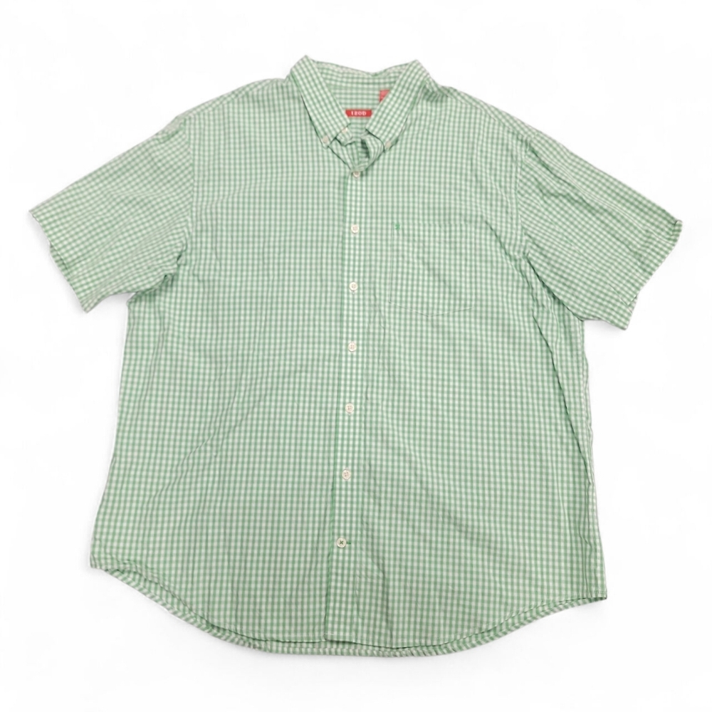 IZOD 100% Cotton Short Sleeve Button Up Shirt Green Gingham Check Plaid, 2XL XXL